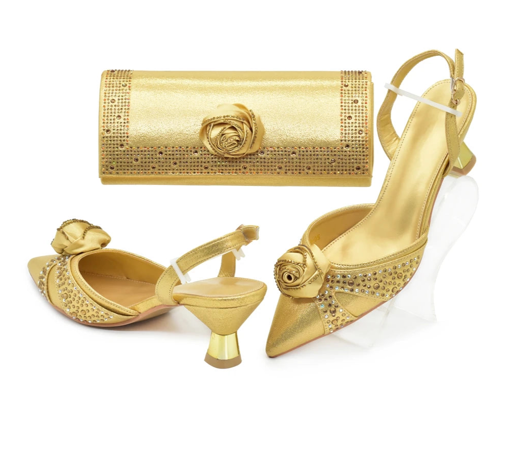 Luxury Italian Shoes and Bag Set for Women Pointed Toe High Heels Party Dress Female Pumps Decorated with Handmade Flowers