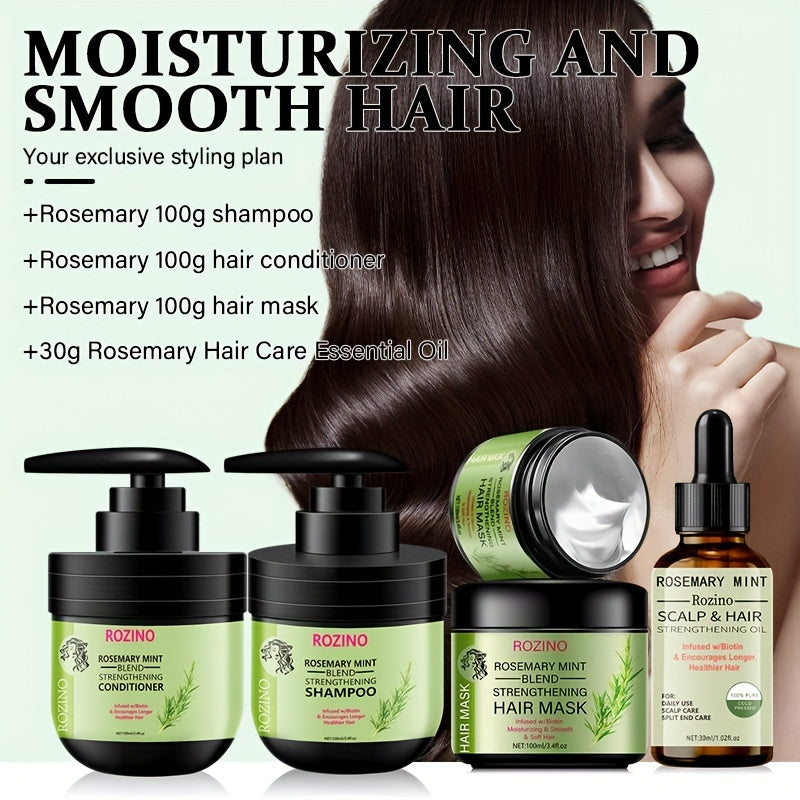 4pcs Rosemary Mint Hair Care Set - Unisex Adult Moisturizing Shampoo, Conditioner, and Hair Mask with Natural Oils, Keratin, Aloe Vera, and Beeswax for Nourishment and Smoothness, Suitable for All Hair Types