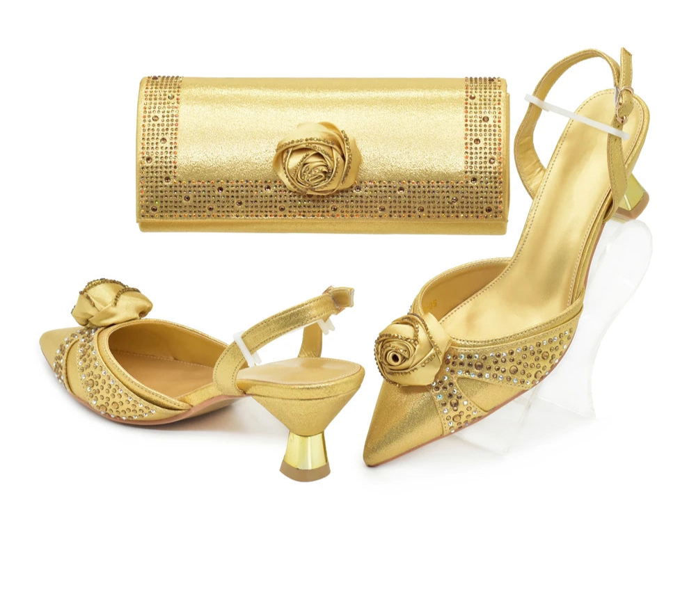 Luxury Italian Shoes and Bag Set for Women Pointed Toe High Heels Party Dress Female Pumps Decorated with Handmade Flowers
