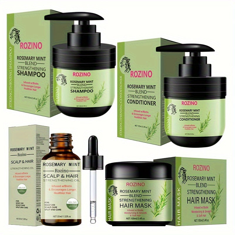 4pcs Rosemary Mint Hair Care Set - Unisex Adult Moisturizing Shampoo, Conditioner, and Hair Mask with Natural Oils, Keratin, Aloe Vera, and Beeswax for Nourishment and Smoothness, Suitable for All Hair Types