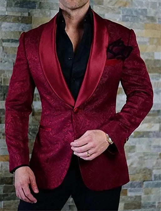 White Pattern Groom Tuxedos Shawl Satin Lapel Men Suits 2 Pieces Wedding Bridegroom ( Jacket + Pants + Tie ) D201