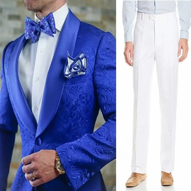 White Pattern Groom Tuxedos Shawl Satin Lapel Men Suits 2 Pieces Wedding Bridegroom ( Jacket + Pants + Tie )