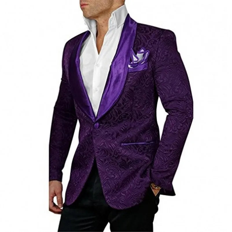 White Pattern Groom Tuxedos Shawl Satin Lapel Men Suits 2 Pieces Wedding Bridegroom ( Jacket + Pants + Tie )