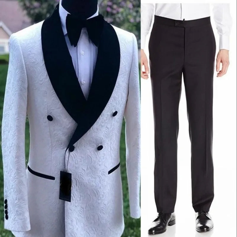 White Pattern Groom Tuxedos Shawl Satin Lapel Men Suits 2 Pieces Wedding Bridegroom ( Jacket + Pants + Tie ) D201