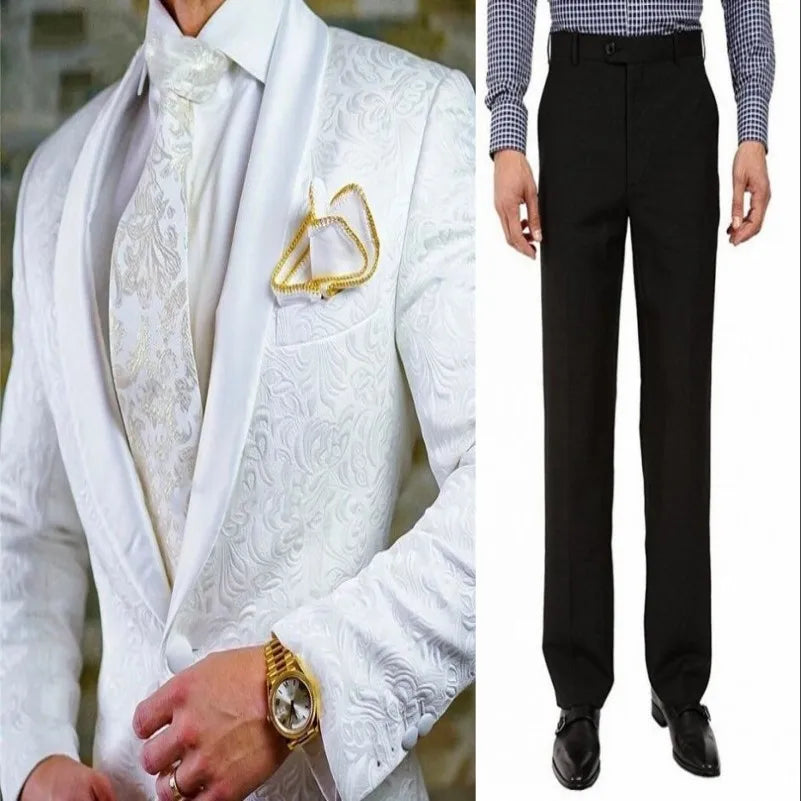 White Pattern Groom Tuxedos Shawl Satin Lapel Men Suits 2 Pieces Wedding Bridegroom ( Jacket + Pants + Tie ) D201