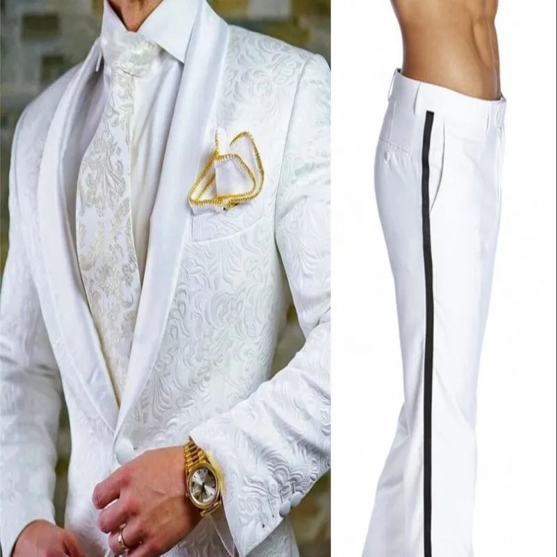White Pattern Groom Tuxedos Shawl Satin Lapel Men Suits 2 Pieces Wedding Bridegroom ( Jacket + Pants + Tie ) D201
