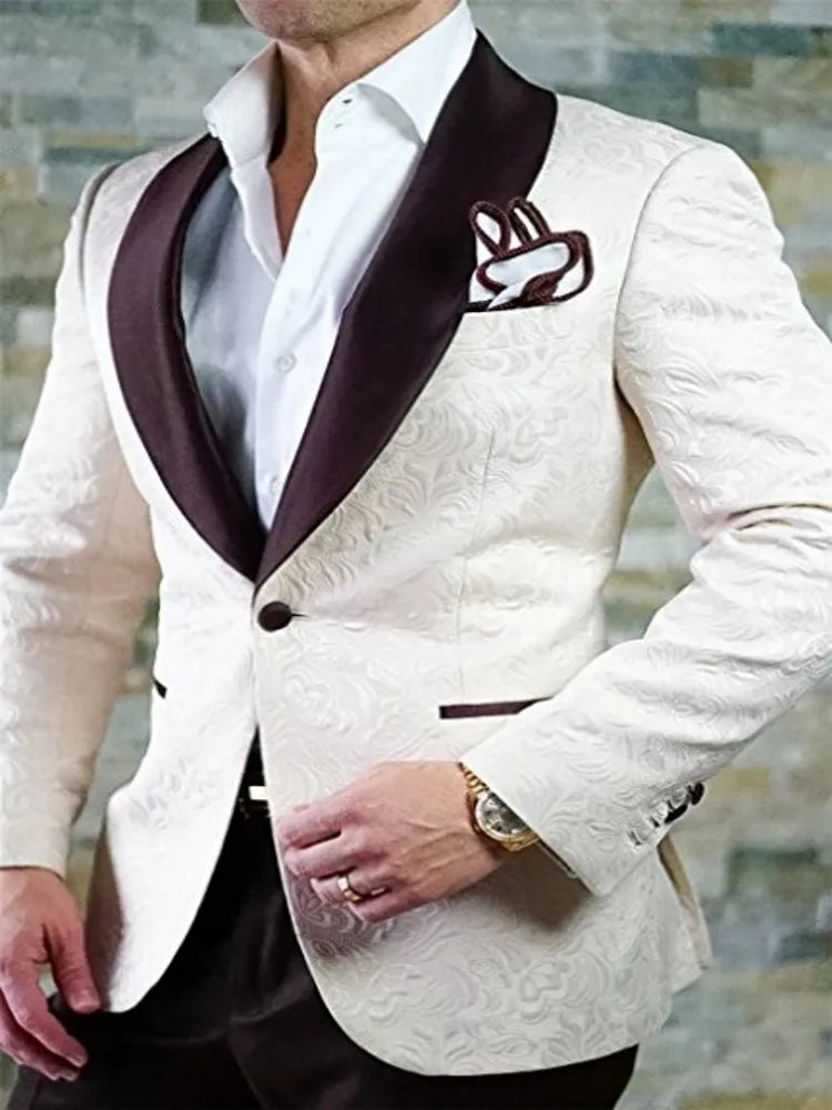 White Pattern Groom Tuxedos Shawl Satin Lapel Men Suits 2 Pieces Wedding Bridegroom ( Jacket + Pants + Tie )