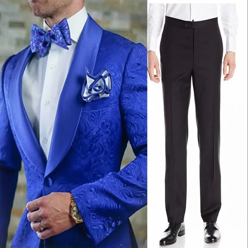 White Pattern Groom Tuxedos Shawl Satin Lapel Men Suits 2 Pieces Wedding Bridegroom ( Jacket + Pants + Tie )