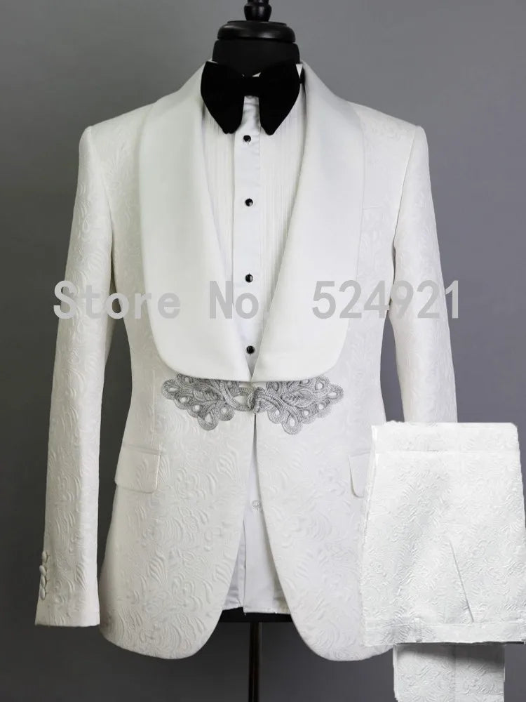 White Pattern Groom Tuxedos Shawl Satin Lapel Men Suits 2 Pieces Wedding Bridegroom ( Jacket + Pants + Tie ) D201