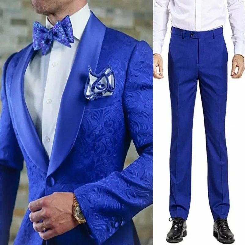 White Pattern Groom Tuxedos Shawl Satin Lapel Men Suits 2 Pieces Wedding Bridegroom ( Jacket + Pants + Tie ) D201