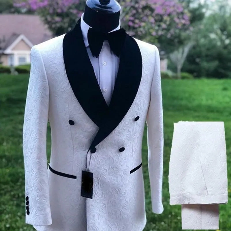 White Pattern Groom Tuxedos Shawl Satin Lapel Men Suits 2 Pieces Wedding Bridegroom ( Jacket + Pants + Tie )