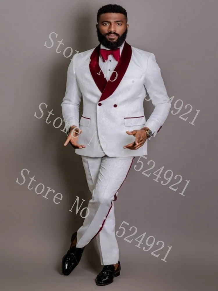 White Pattern Groom Tuxedos Shawl Satin Lapel Men Suits 2 Pieces Wedding Bridegroom ( Jacket + Pants + Tie ) D201
