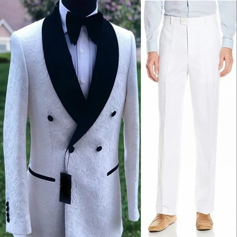 White Pattern Groom Tuxedos Shawl Satin Lapel Men Suits 2 Pieces Wedding Bridegroom ( Jacket + Pants + Tie )