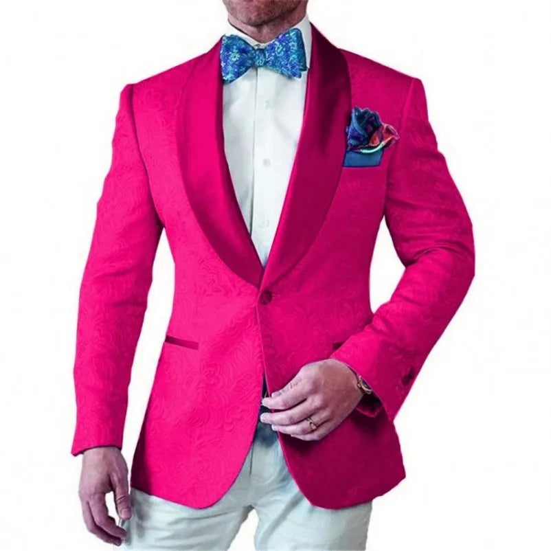 White Pattern Groom Tuxedos Shawl Satin Lapel Men Suits 2 Pieces Wedding Bridegroom ( Jacket + Pants + Tie )