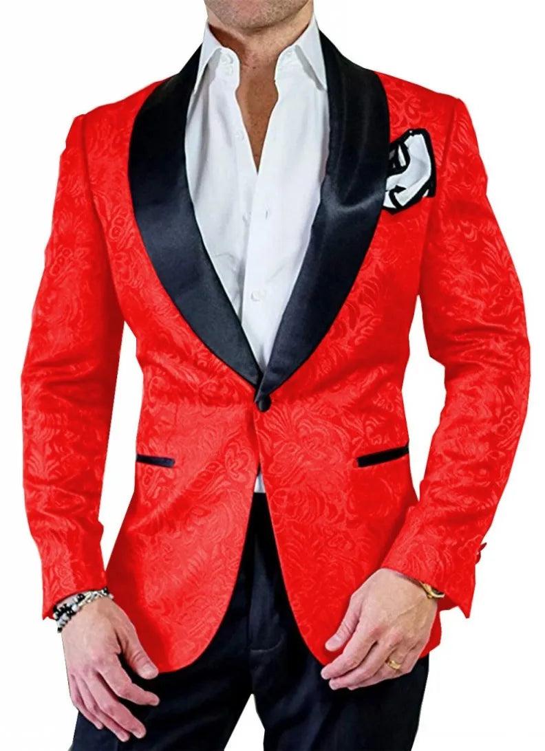 White Pattern Groom Tuxedos Shawl Satin Lapel Men Suits 2 Pieces Wedding Bridegroom ( Jacket + Pants + Tie )