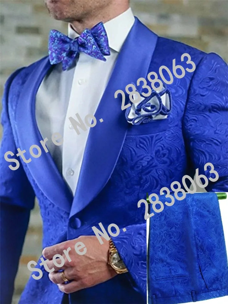 White Pattern Groom Tuxedos Shawl Satin Lapel Men Suits 2 Pieces Wedding Bridegroom ( Jacket + Pants + Tie ) D201