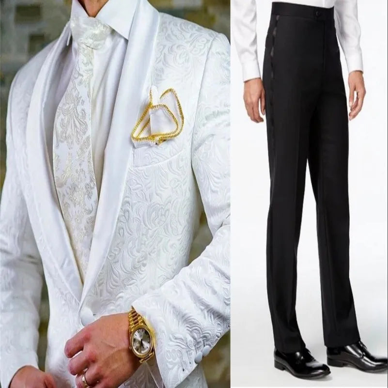 White Pattern Groom Tuxedos Shawl Satin Lapel Men Suits 2 Pieces Wedding Bridegroom ( Jacket + Pants + Tie ) D201