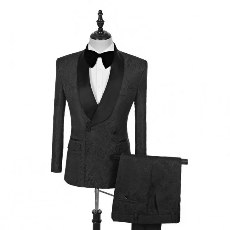 White Pattern Groom Tuxedos Shawl Satin Lapel Men Suits 2 Pieces Wedding Bridegroom ( Jacket + Pants + Tie )