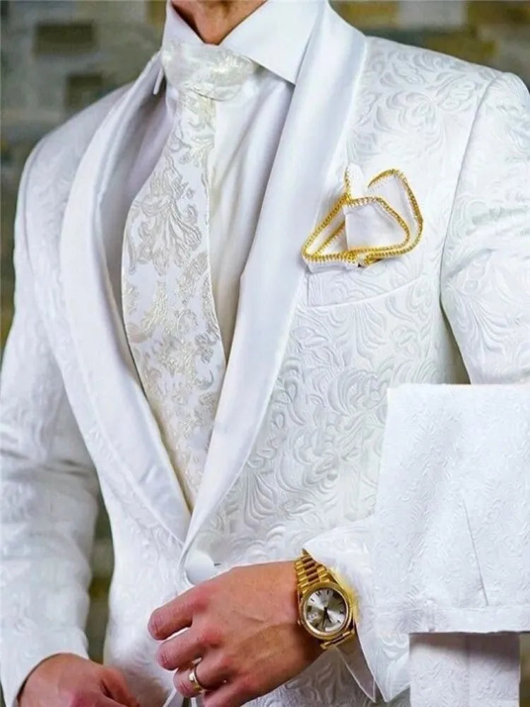 White Pattern Groom Tuxedos Shawl Satin Lapel Men Suits 2 Pieces Wedding Bridegroom ( Jacket + Pants + Tie )