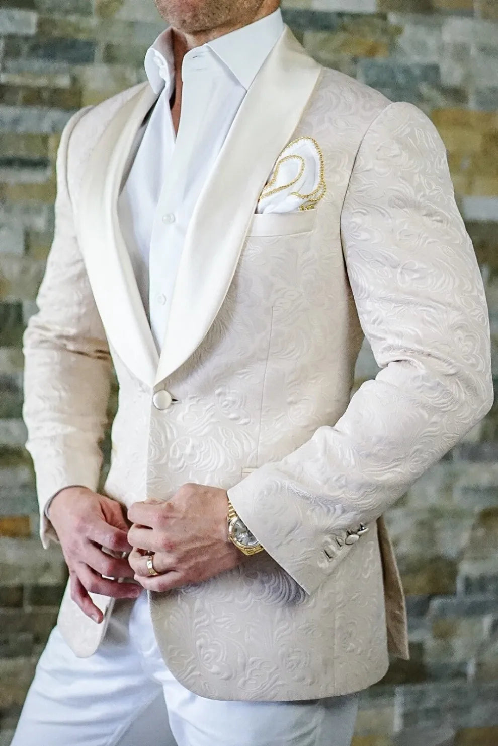 White Pattern Groom Tuxedos Shawl Satin Lapel Men Suits 2 Pieces Wedding Bridegroom ( Jacket + Pants + Tie )