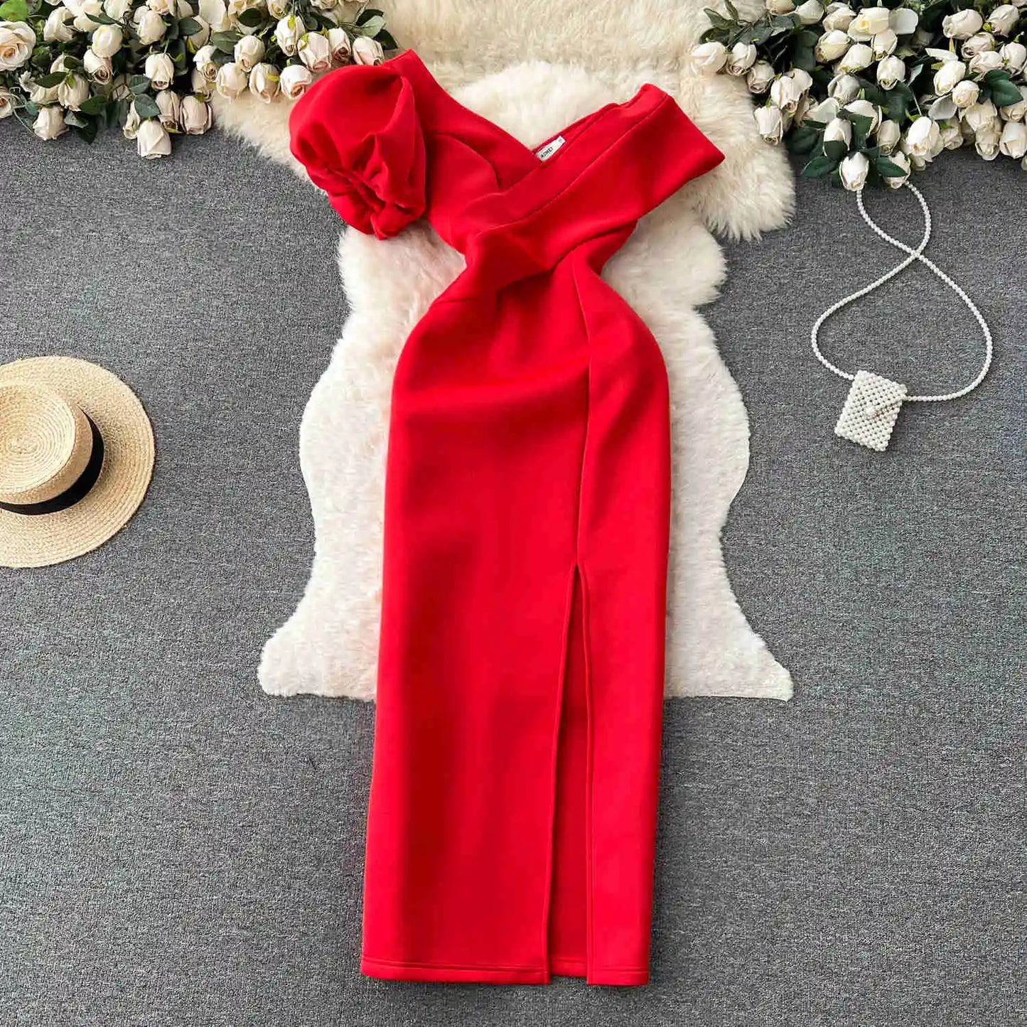 Women Oblique Collar Off Shoulder Puff Sleeve High Waist Split Banquet Long Dress Vestidos Korean Spring Summer 2025