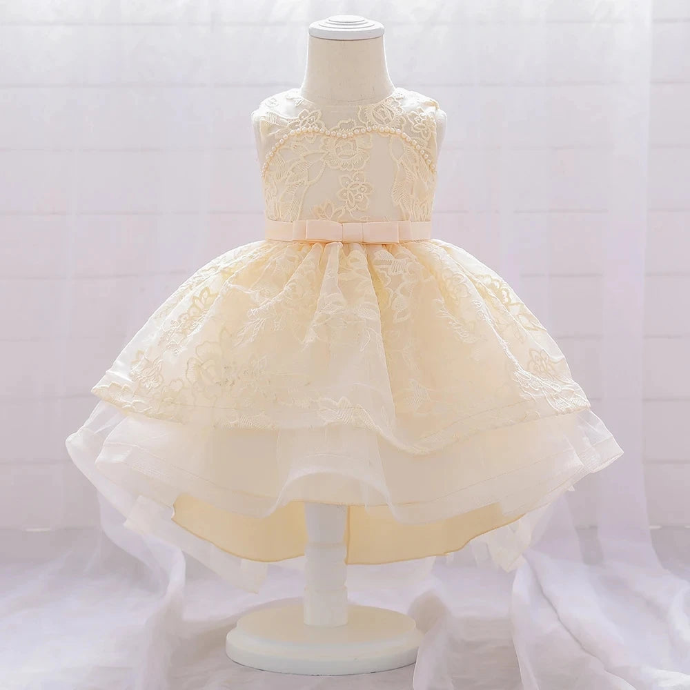Infant Bow Bridesmaid Baptism Baby Girls Dresses White Trailing Baby Clothes Princess Tutu 1st Birthday Party Dress Wedding Gown
