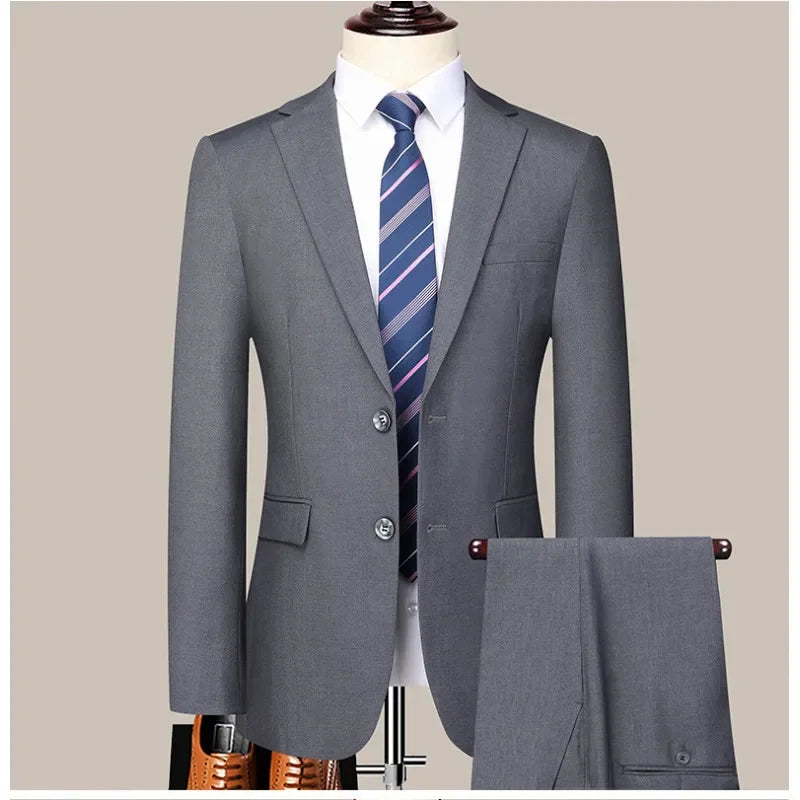 Men's 2024 Slim-fit Two-button Business Suit Professional Work Formal Two-piece Set Trousers Included S-6XL