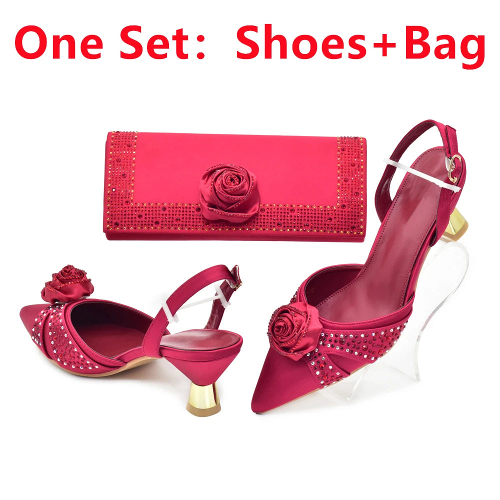 Luxury Italian Shoes and Bag Set for Women Pointed Toe High Heels Party Dress Female Pumps Decorated with Handmade Flowers