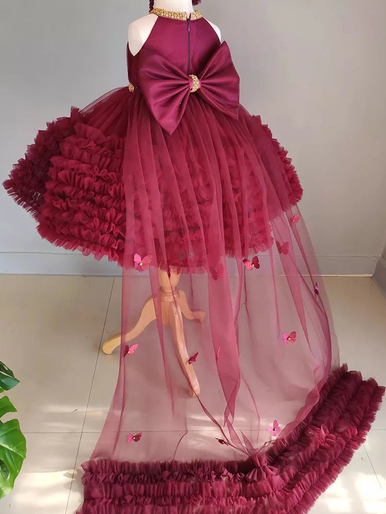 2025 Summer Girls Sweet Fluffy Dress Performance Dress Wine Red Flower Girl Princess Dress Walk Show Formal Big Butterfly Christ