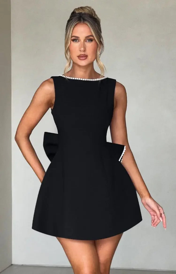 Elegant Pearl Bow Backless Short Dress Women's Sleeveless Party Cute Mini Dresses Black White Pink Chic Birthday Evening