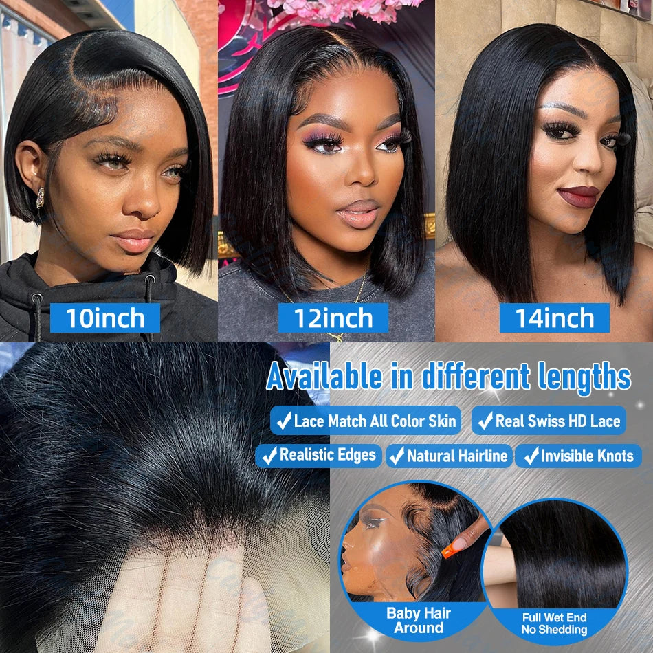 250% Brazilian Bone Straight Short Bob 13x6 Lace Frontal Human Hair HD Transparent Lace Front Bob Wig For Women