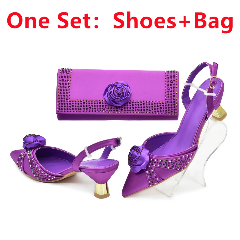 Luxury Italian Shoes and Bag Set for Women Pointed Toe High Heels Party Dress Female Pumps Decorated with Handmade Flowers