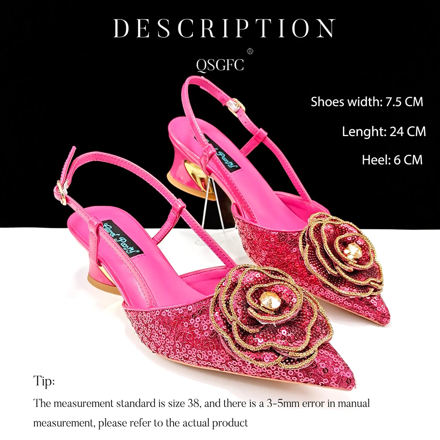 Shiny Gold Color Shoes and Bag Elegant Handbags and Medium Heel Shoes Beautiful Handmade Flowers For Wedding Party