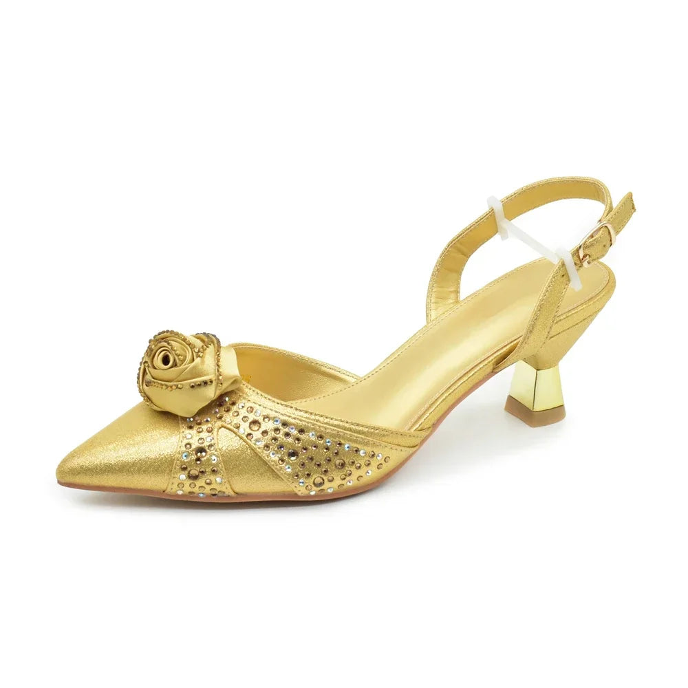 Luxury Italian Shoes and Bag Set for Women Pointed Toe High Heels Party Dress Female Pumps Decorated with Handmade Flowers