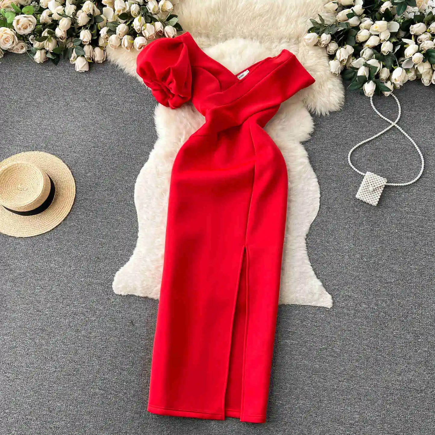 Women Oblique Collar Off Shoulder Puff Sleeve High Waist Split Banquet Long Dress Vestidos Korean Spring Summer 2025