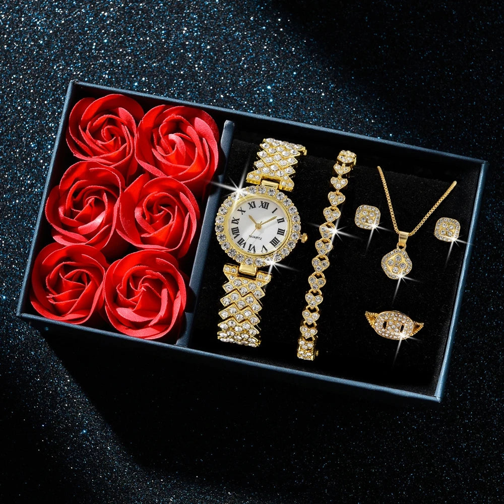 6Pcs Fashion Luxury Women Watch Necklace Earrings Ring Set For Women Rhinestone Wristwatch Bracelet Set Valentine's Day Gift