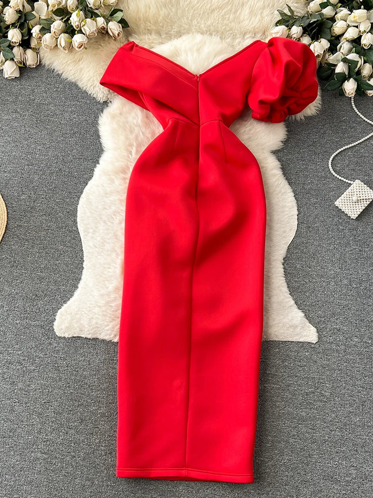 Women Oblique Collar Off Shoulder Puff Sleeve High Waist Split Banquet Long Dress Vestidos Korean Spring Summer 2025