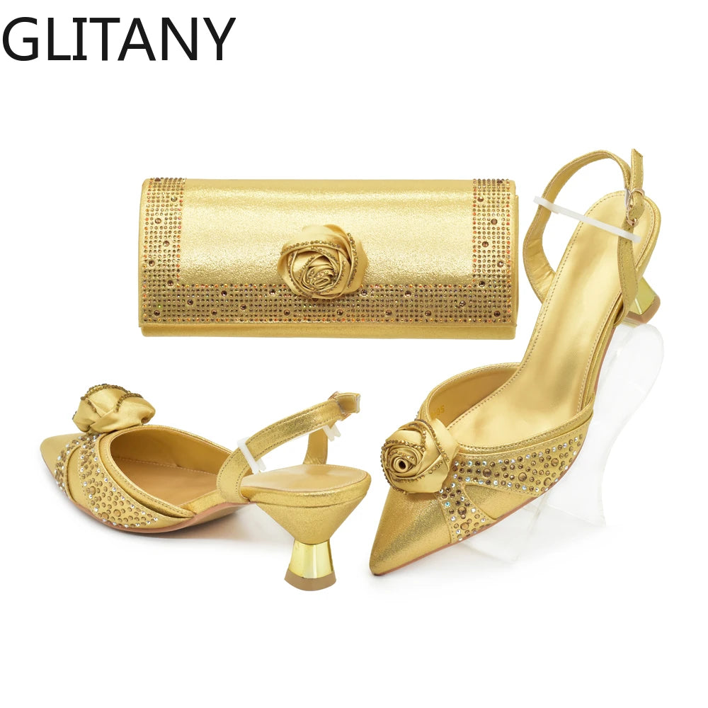 Luxury Italian Shoes and Bag Set for Women Pointed Toe High Heels Party Dress Female Pumps Decorated with Handmade Flowers
