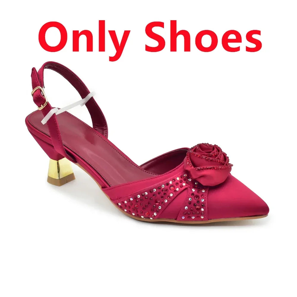 Luxury Italian Shoes and Bag Set for Women Pointed Toe High Heels Party Dress Female Pumps Decorated with Handmade Flowers