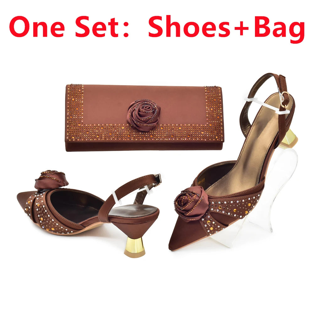 Luxury Italian Shoes and Bag Set for Women Pointed Toe High Heels Party Dress Female Pumps Decorated with Handmade Flowers