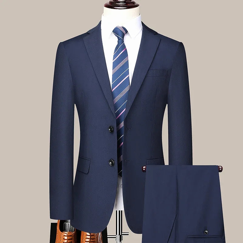 Men's 2024 Slim-fit Two-button Business Suit Professional Work Formal Two-piece Set Trousers Included S-6XL