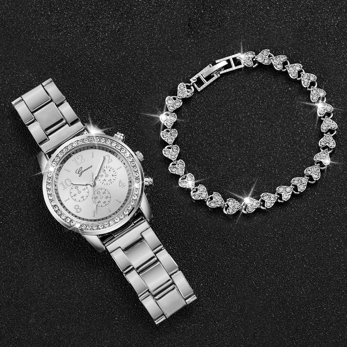 2PCS Women's Watch Fashion Rhinestone Silver Steel Band Analog Quartz Watches Bracelet Set