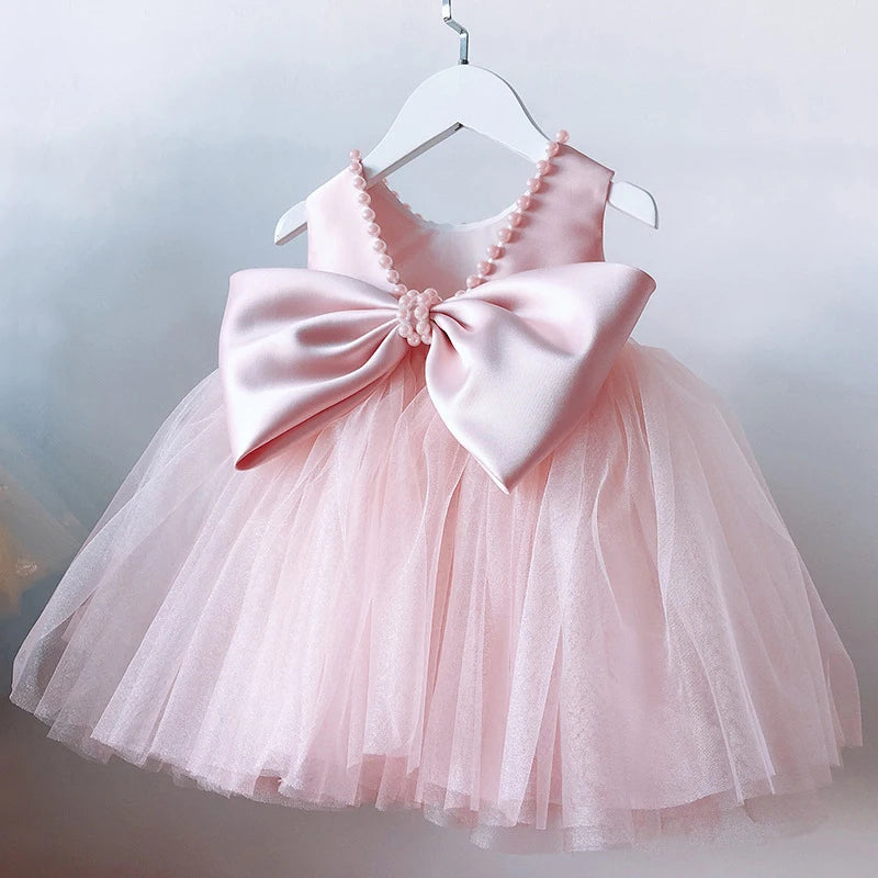 Kids Pearls Elegant Princess Dress for Girls Backless Bow Baby Girl 1st Birthday Baptism Tutu Gown Wedding Party Girls Dress