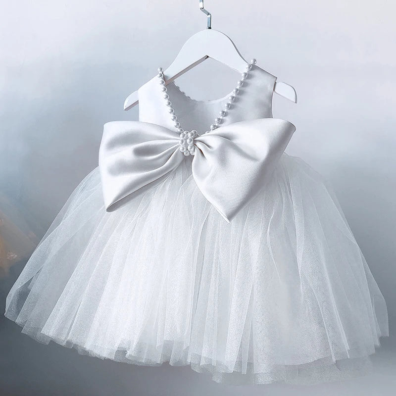 Kids Pearls Elegant Princess Dress for Girls Backless Bow Baby Girl 1st Birthday Baptism Tutu Gown Wedding Party Girls Dress