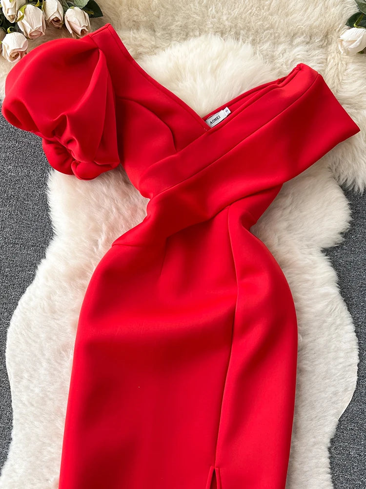 Women Oblique Collar Off Shoulder Puff Sleeve High Waist Split Banquet Long Dress Vestidos Korean Spring Summer 2025