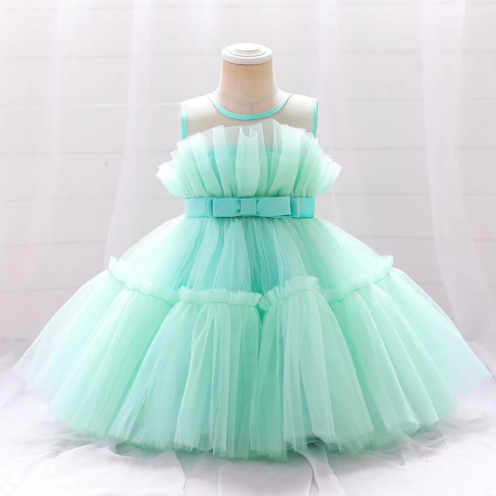 Baby Bow Tulle Baptism Dress for Girls Gown Toddler Kids Wedding Elegant 1st Birthday Party Princess Dress Tutu Evening Dresses
