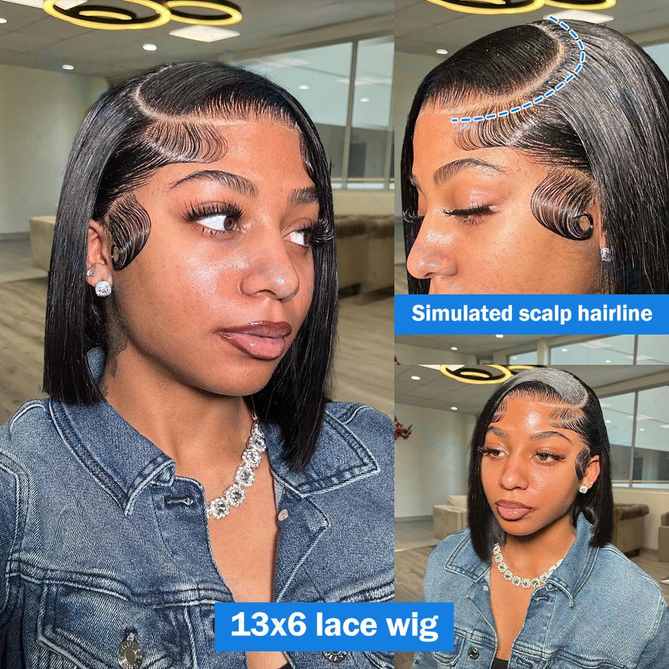 250% Brazilian Bone Straight Short Bob 13x6 Lace Frontal Human Hair HD Transparent Lace Front Bob Wig For Women