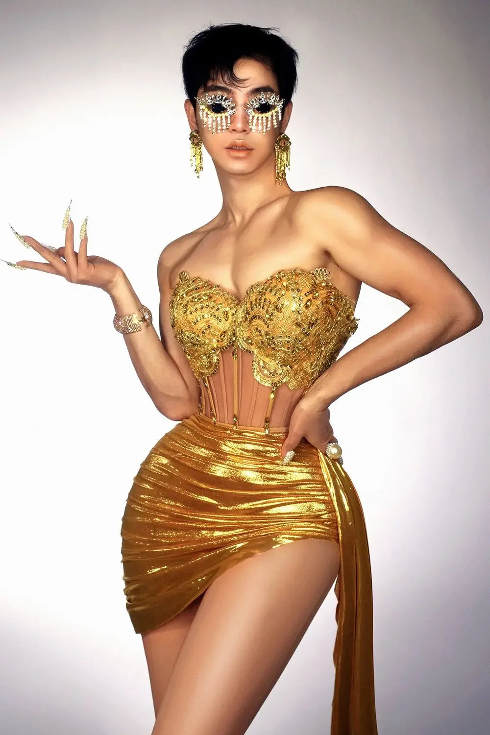 Gold Color Women Sexy 2 Pieces Strapless Bodycon Mini Dress Bar Singer Nightclub Party Celebrate Birthday Dress