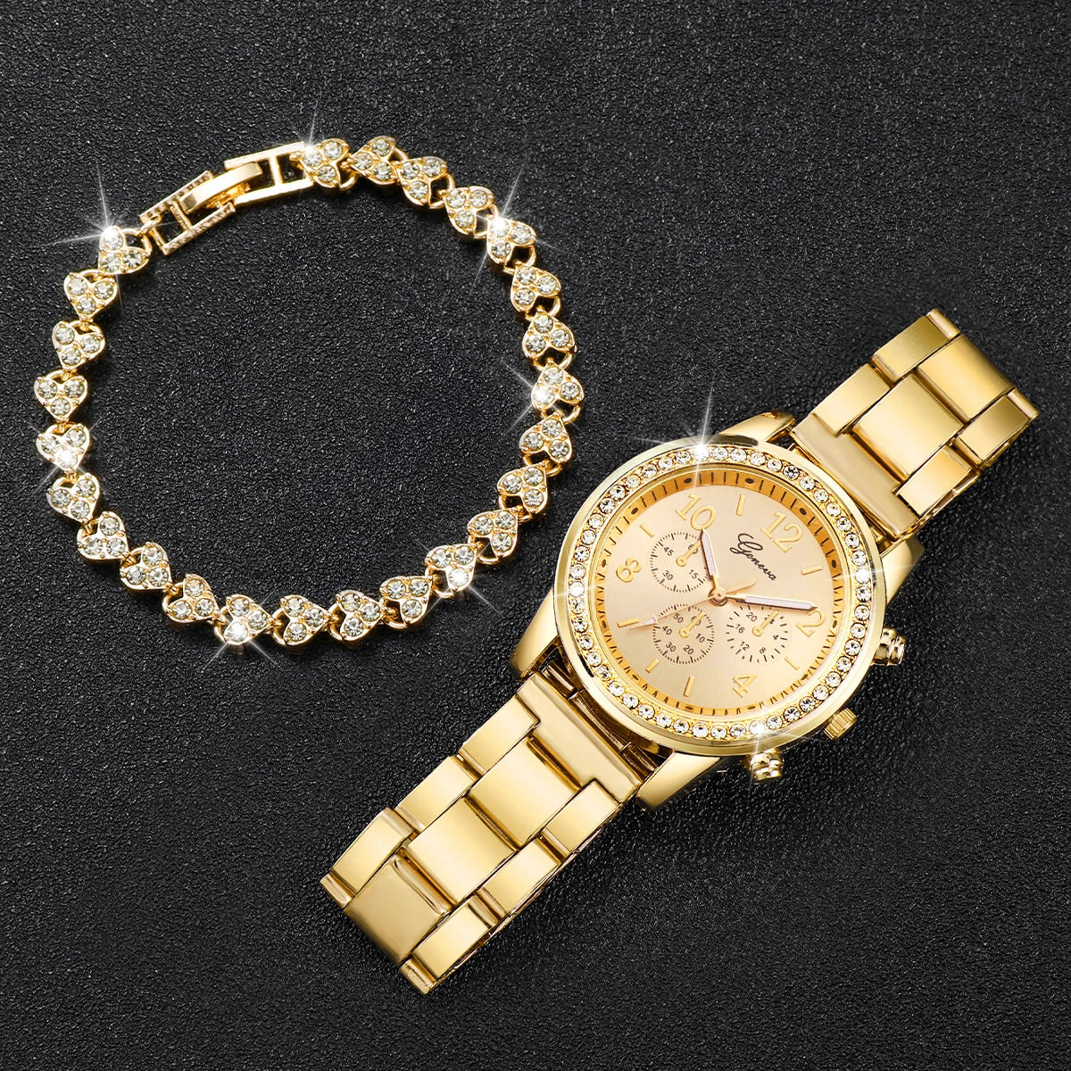 Fashion Women Stainless Steel Gold Color Quartz Watch & Diamond Bracelet