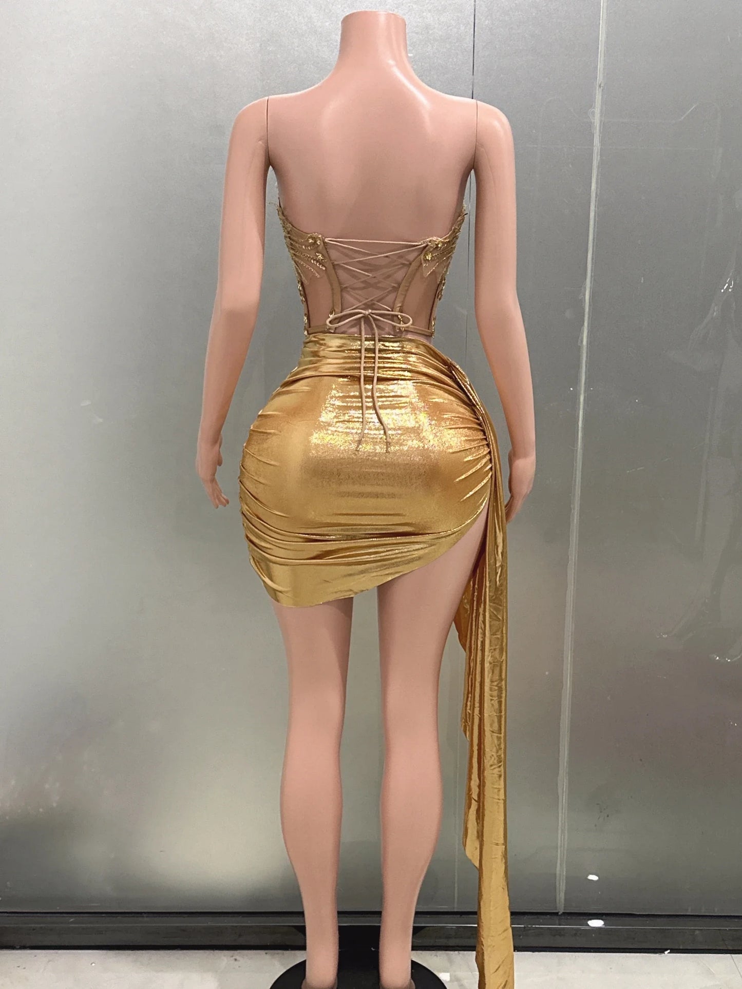 Gold Color Women Sexy 2 Pieces Strapless Bodycon Mini Dress Bar Singer Nightclub Party Celebrate Birthday Dress
